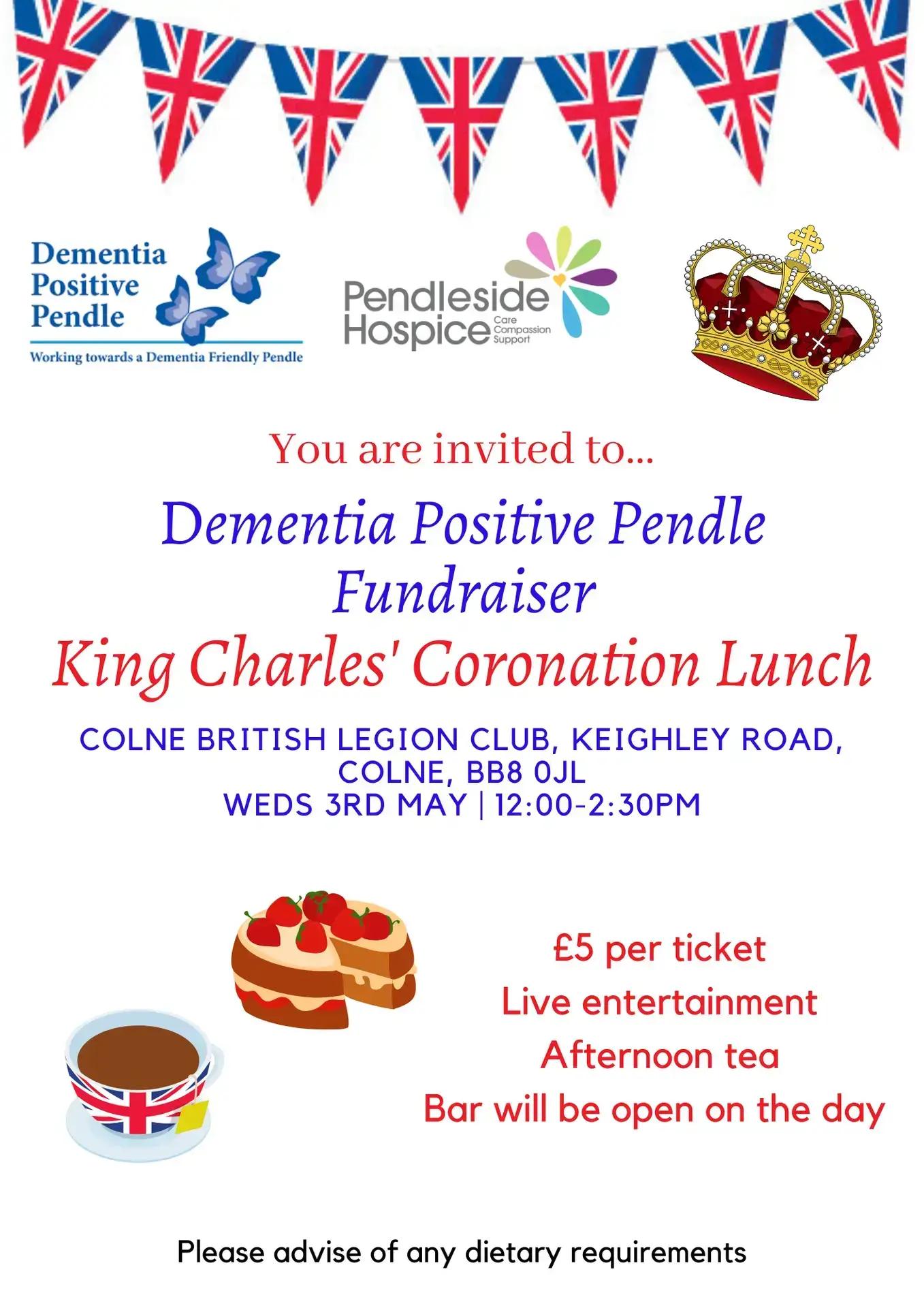 King Charles Coronation Flyer Poster - Dementia Positive Pendle Fundraiser